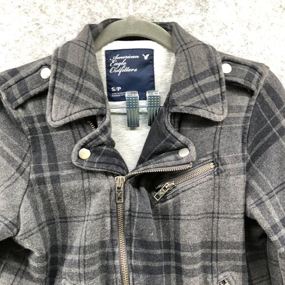 American Eagle Fleece Moto Jacket Womens S Gray Plaid Cotton Zip Up - Picture 4 of 12